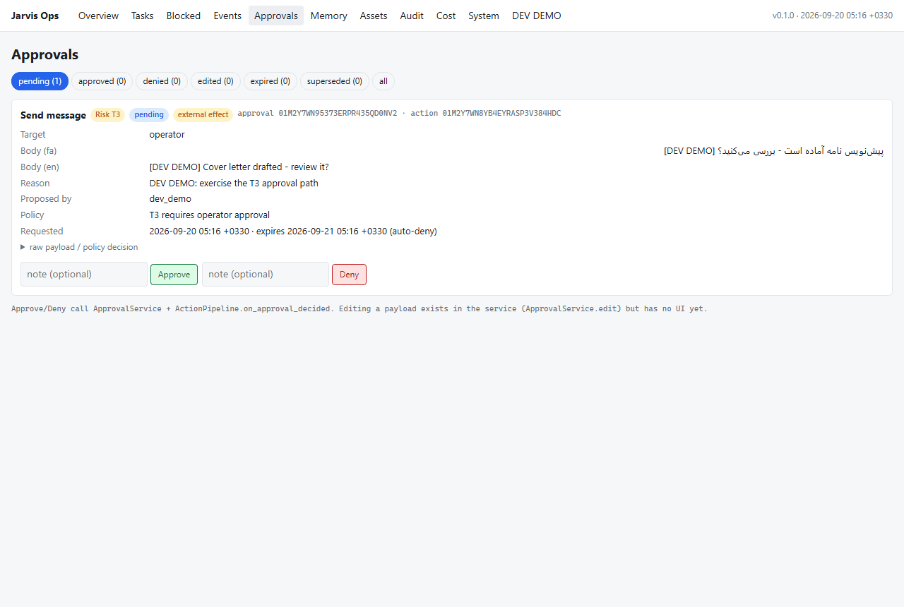 Jarvis Ops Console, Approvals: a pending risk-T3 'send message' action with Persian and English body, policy reason and Approve / Deny buttons (demo records).