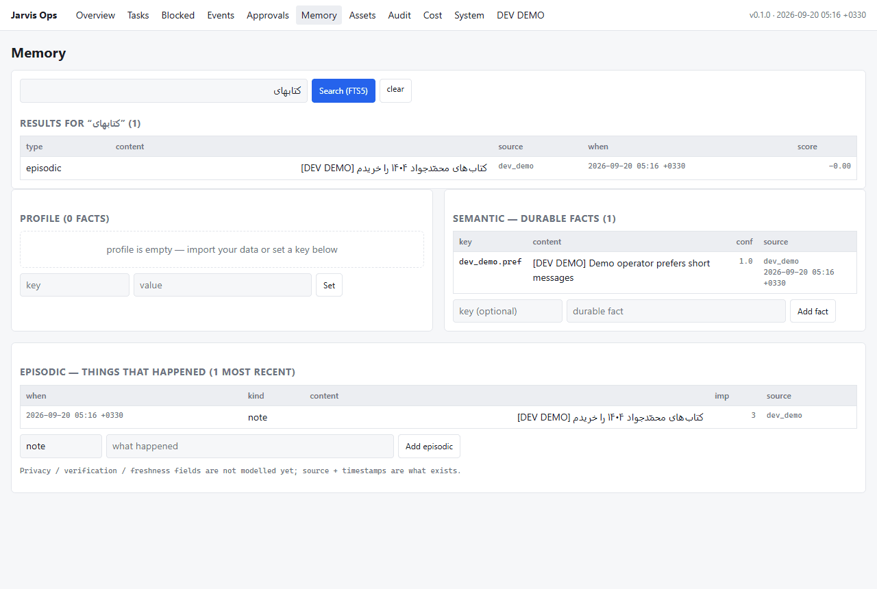 Jarvis Ops Console, Memory: a Persian full-text search matching different keyboard spellings, with profile, semantic and episodic memory panels (demo records).