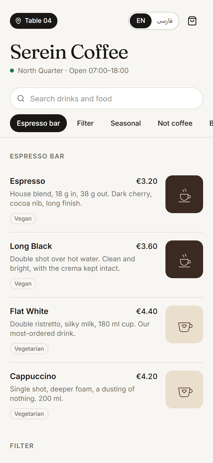 Tablelane guest menu on a phone, ordering from Table 04.