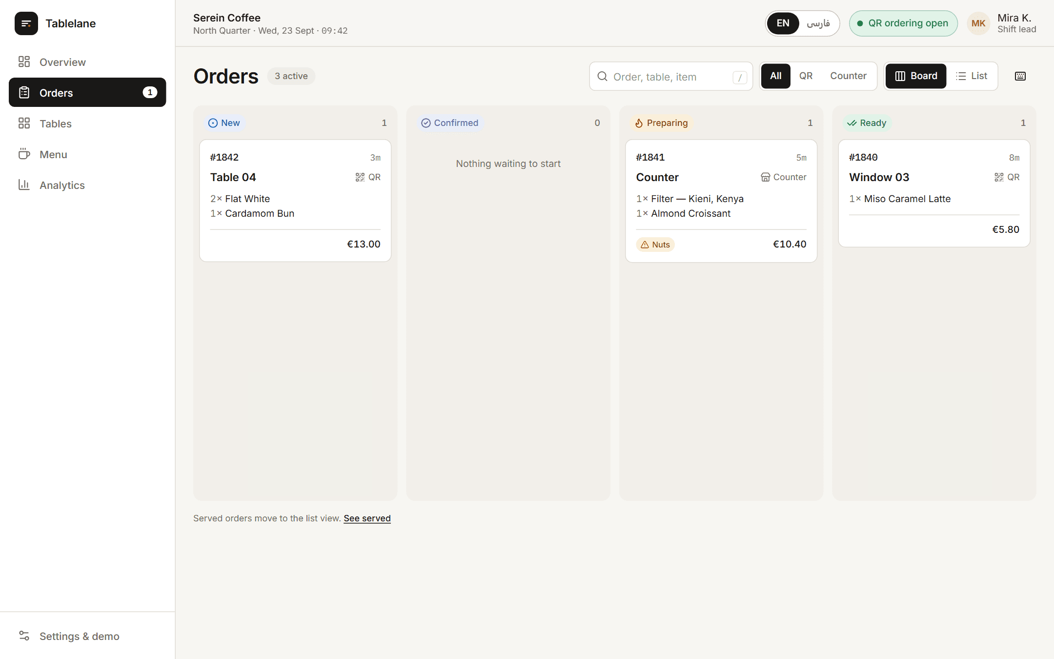 Tablelane staff app: an orders board with New, Confirmed, Preparing and Ready columns, each with order tickets.